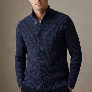 Retcis Men's Italian Style Button-Front Cardigan Ribbed Mock Neck Sweater